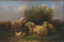 Appraisal: Cornelius van Leemputten Dutch - Chickens and Sheep Oil on