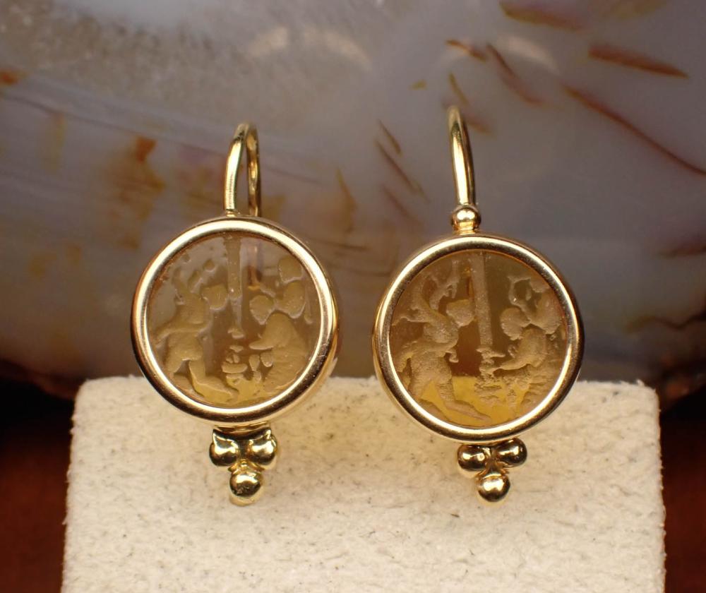 Appraisal: ITALIAN INTAGLIO GLASS AND EIGHTEEN KARAT GOLD EARRINGS each k