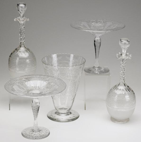 Appraisal: CUT GLASS Five pieces includes a pair of basket cut