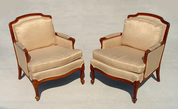 Appraisal: PAIR CONTEMPORARY BERGERE CHAIRS Striped yellow fabric Measure '' high