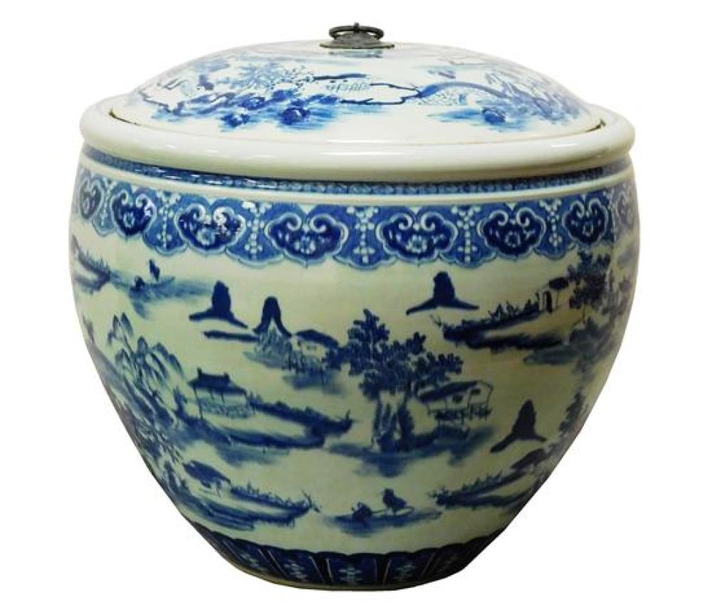 Appraisal: ASIAN Monumental blue and white jar Chinese th C hand-painted