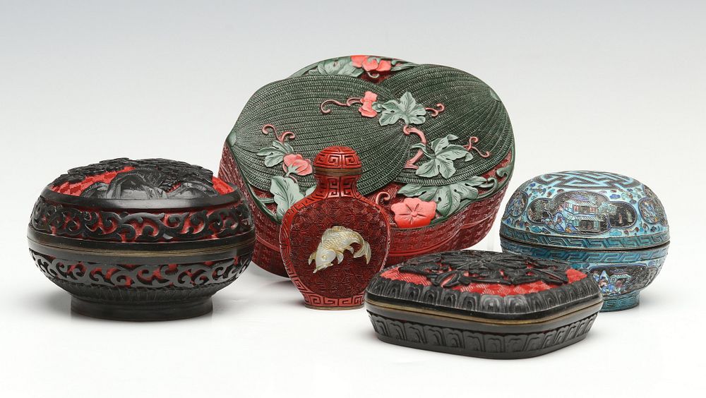 Appraisal: UNUSUAL CINNABAR CONTAINERS AND SNUFF BOTTLE Two examples of carved