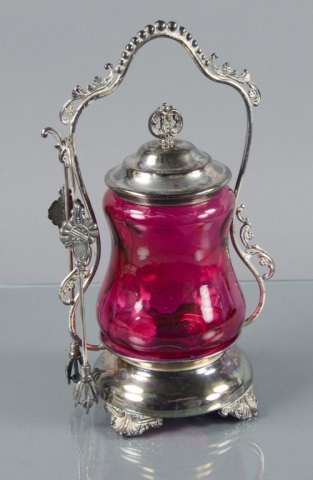 Appraisal: Cranberry Inverted Thumbprint Pickle CasterGlass body decorated with inverted thumbprints