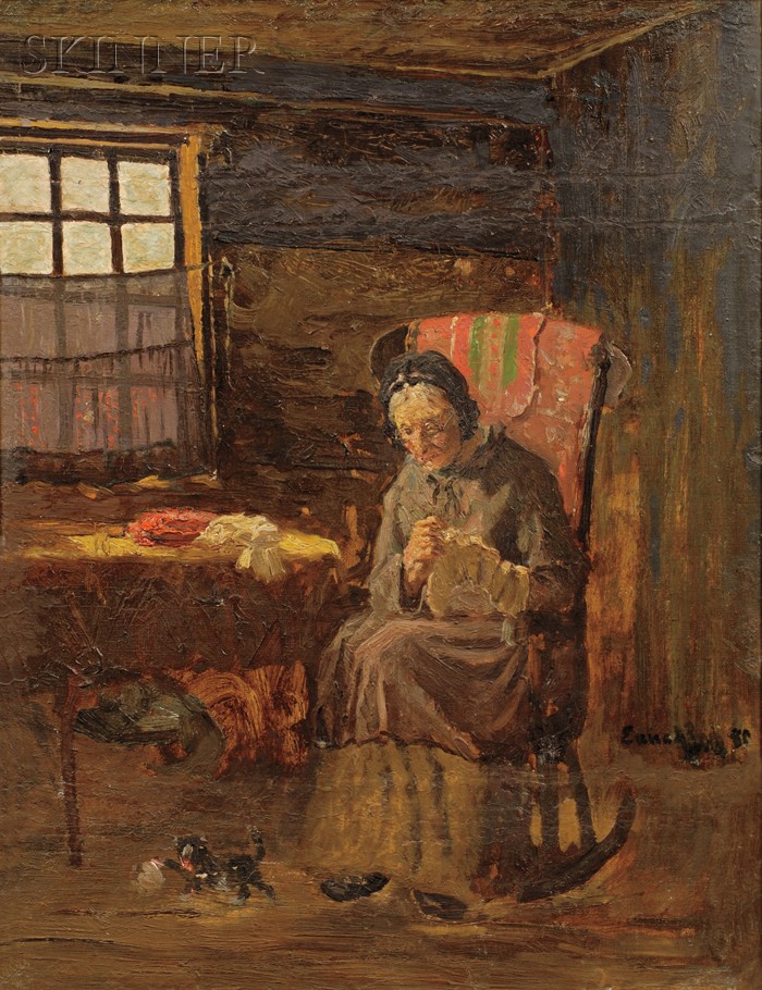 Appraisal: John Joseph Enneking American - An Old Woman Sewing Signed