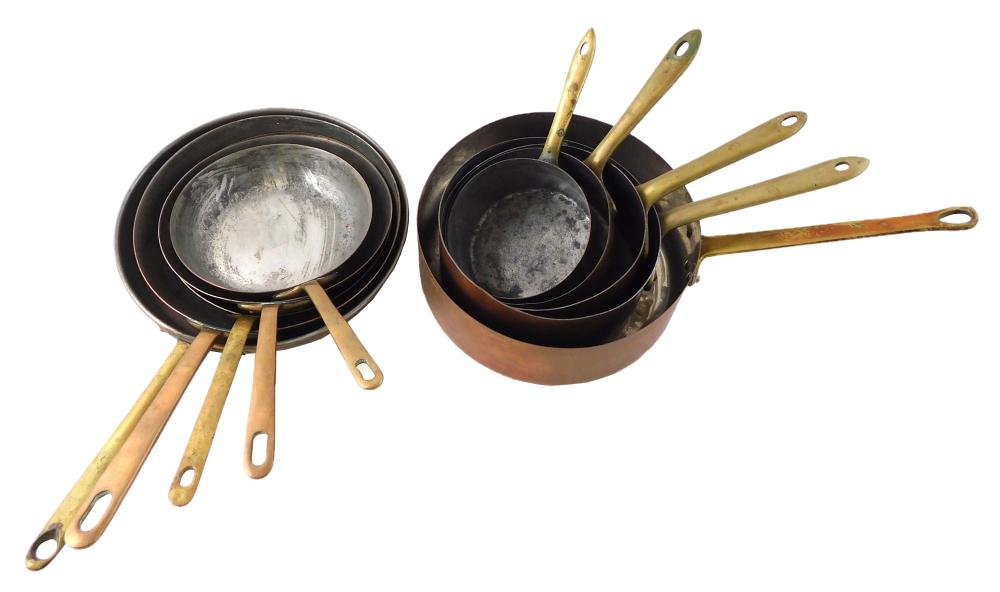 Appraisal: Ten Copper cooking pans with brass handles five shallow pans