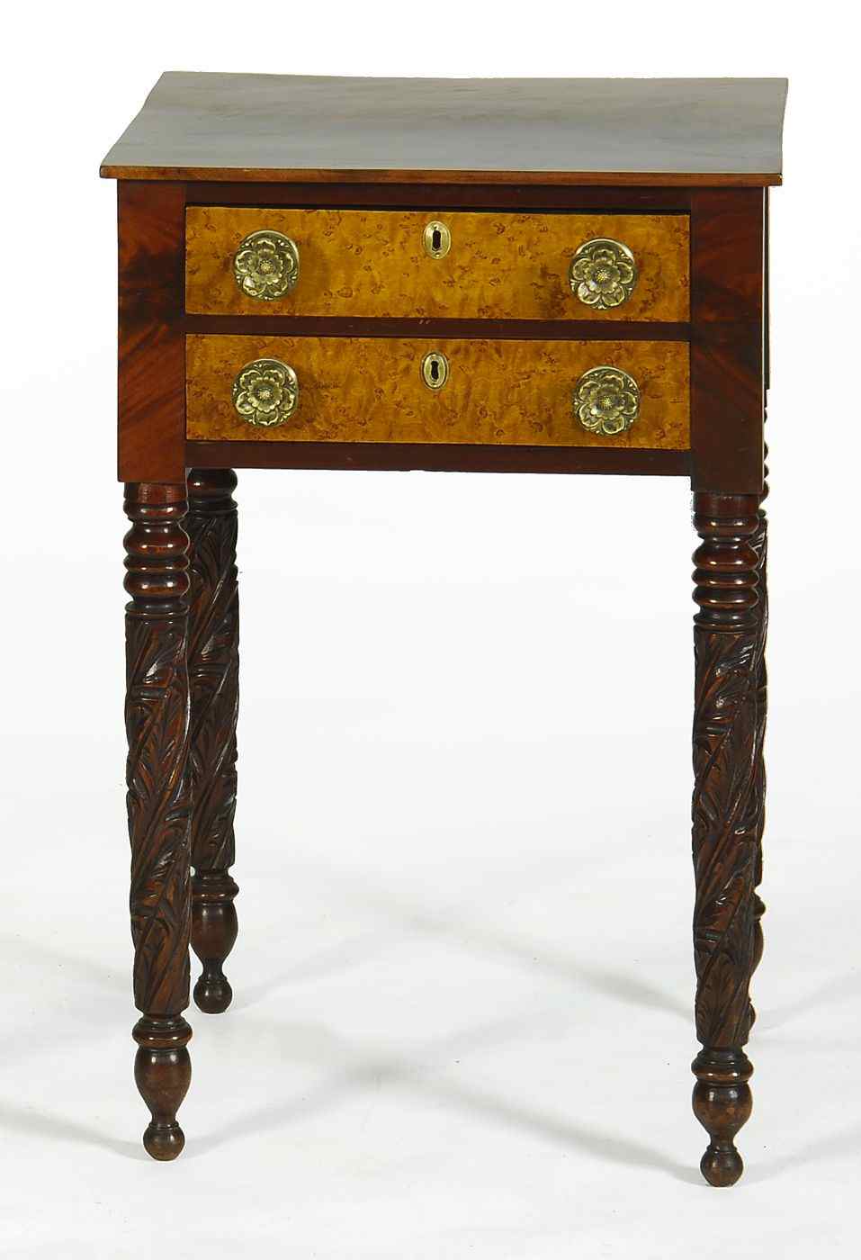 Appraisal: ANTIQUE AMERICAN SHERATON TWO-DRAWER WORK TABLECirca In mahogany Simulated bird's-eye