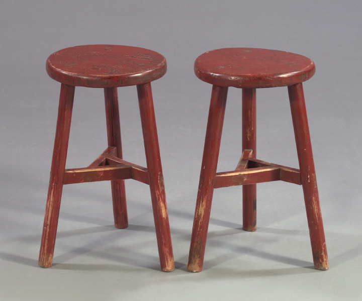 Appraisal: Pair of Vernacular Vermillion-Painted Stools each of tripodal form with