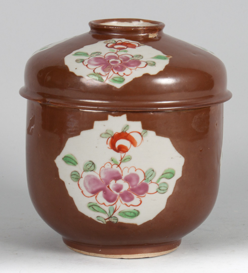 Appraisal: Chinese Export Batavia ware jar circa brown ground with famille