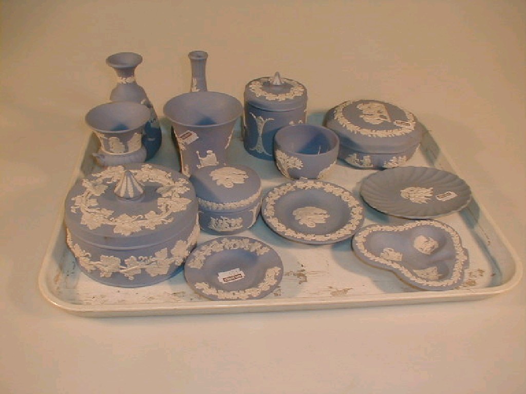 Appraisal: Wedgwood Jasperware blue and white trinket pieces including vases pin