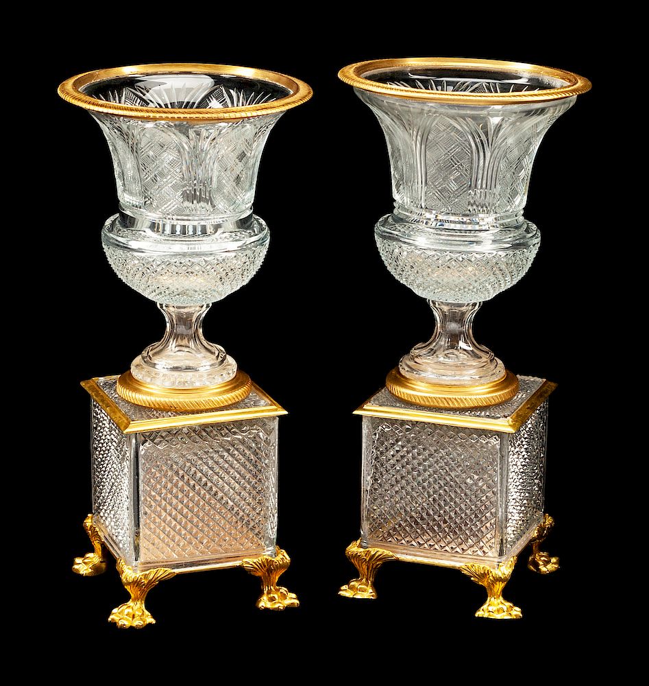 Appraisal: A Pair of Continental Gilt Bronze Mounted Cut Glass Urns