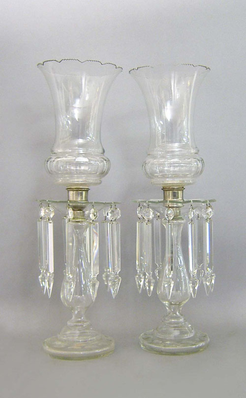 Appraisal: Pair of colorless glass hurricane lanterns th c h