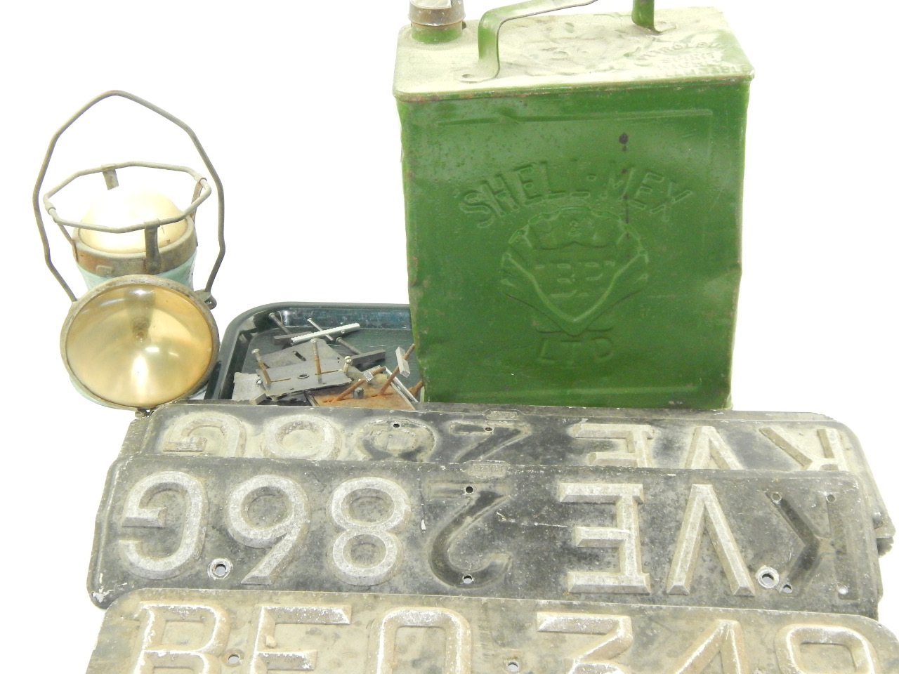 Appraisal: Shell Mex petrol can old number plates and a lantern