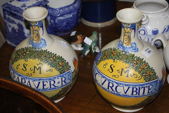 Appraisal: A PAIR OF TH CENTURY STYLE POLYCHROME ITALIAN DRUG JARS