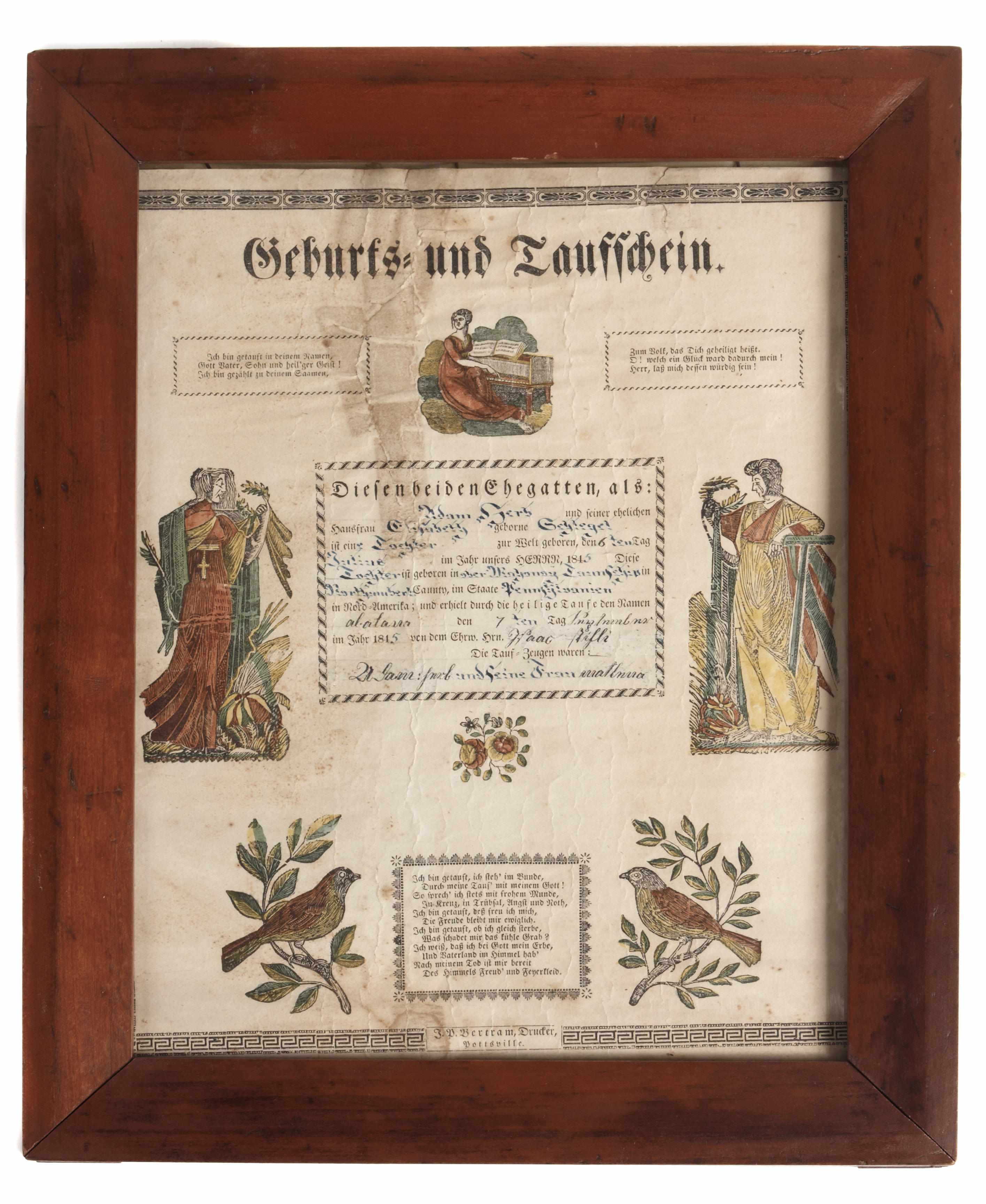 Appraisal: A printed and painted fraktur early th centuryframed dimensions x