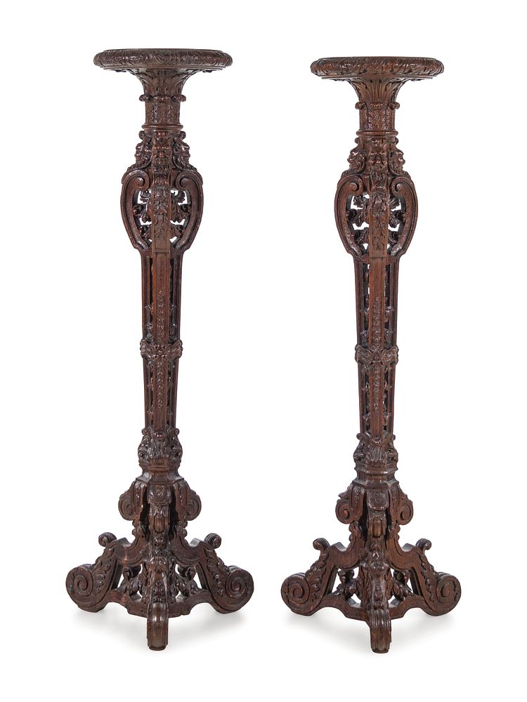 Appraisal: A Pair of Louis XIV Style Carved Oak Torcheres A