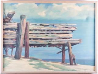 Appraisal: Stevens Oil on Canvas of Man Standing Under a Pier