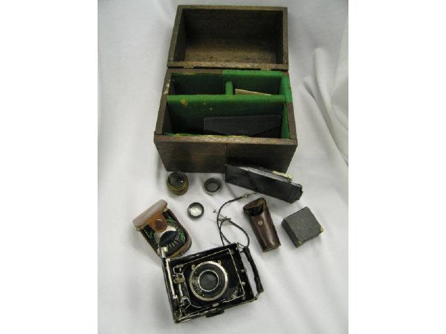 Appraisal: Early Camera Equipment on Wooden Box estate mixture