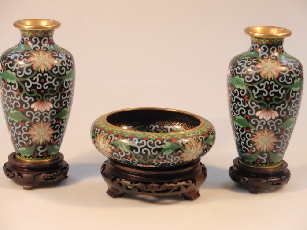 Appraisal: A pair of Chinese cloisonne shouldered vases enamelled in colours