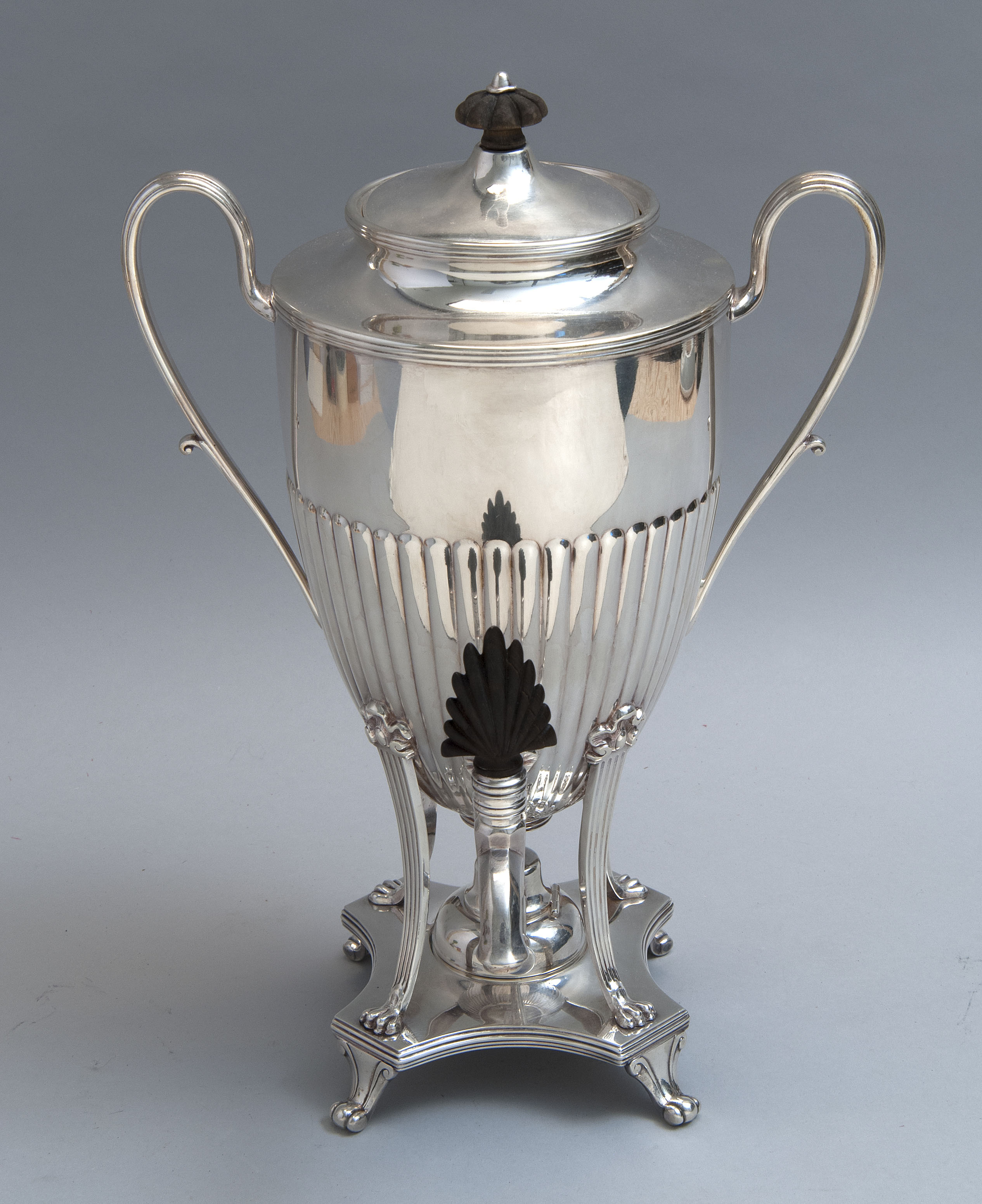 Appraisal: GEORGE III-STYLE SILVER PLATED HOT WATER URN Stop-gadrooned body with