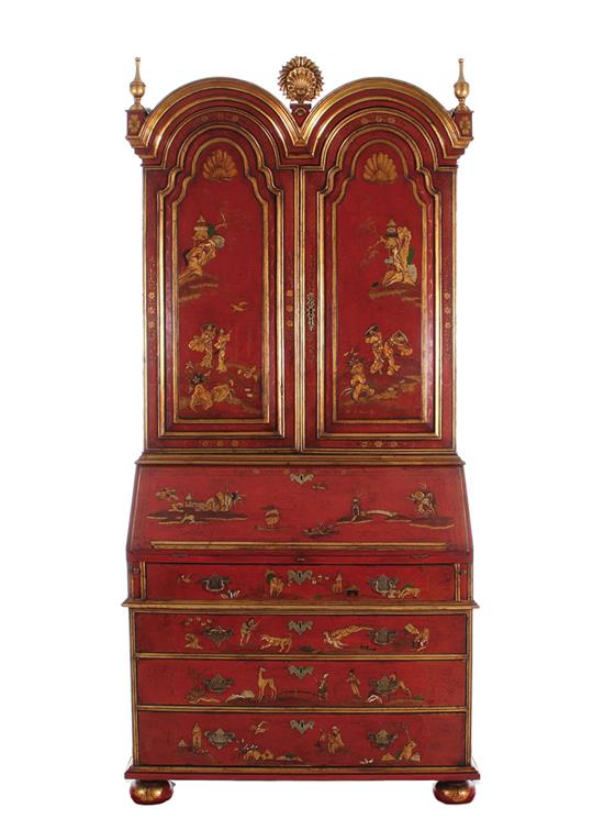 Appraisal: Queen Anne chinoiserie and red-lacquer bureau bookcase part th century