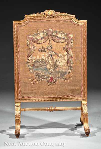 Appraisal: An Antique Louis XVI-Style Carved Giltwood Firescreen inset with a