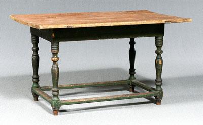 Appraisal: Early stretcher base tavern table reddish-brown grain painted two-board top