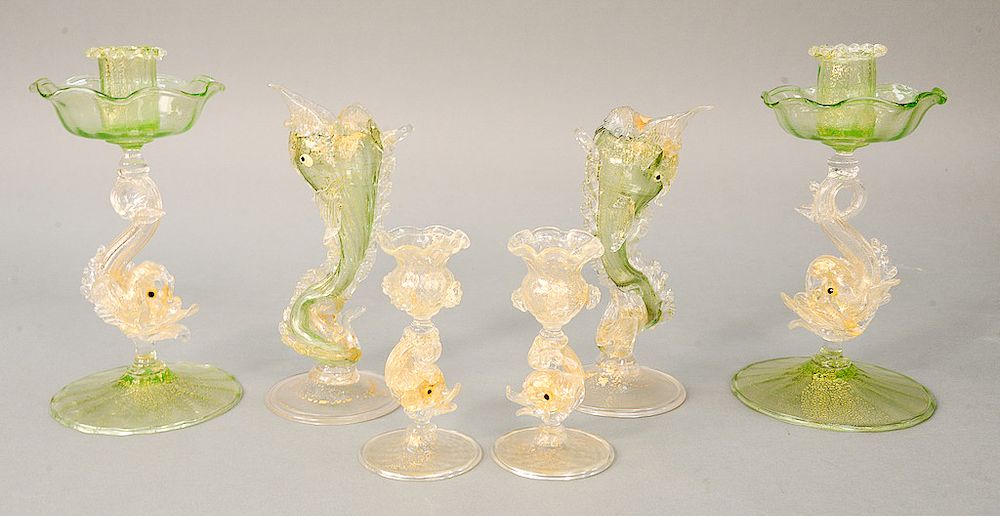 Appraisal: Group of six Venetian figural glass candlesticks including three pairs