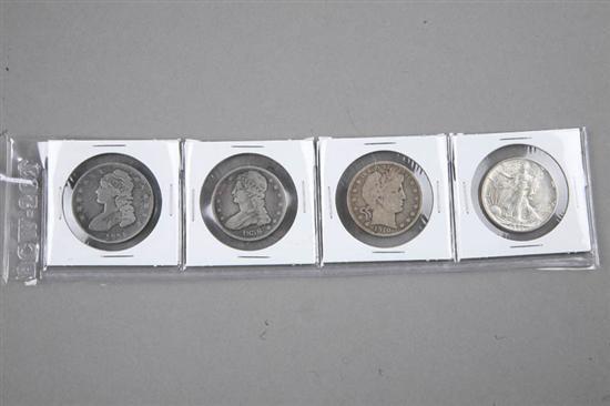 Appraisal: FOUR EARLY HALF DOLLAR COINS Lot includes a capped bust