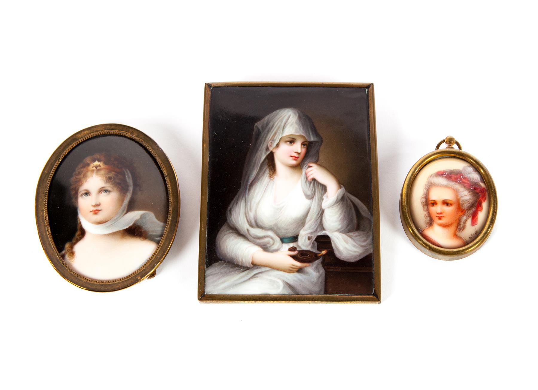 Appraisal: THREE MINIATURE PAINTINGS ON PORCELAIN European nd half- th century