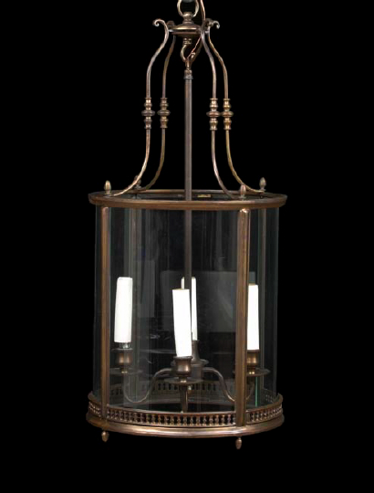 Appraisal: French Bronze-Patinated Brass and Convex Glass Four-Light Foyer Chandelier in