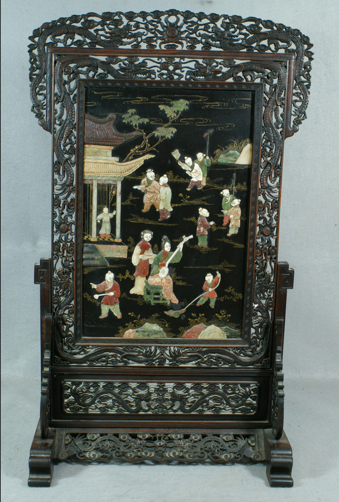 Appraisal: Chinese carved wood table screen c inlaid with various stones