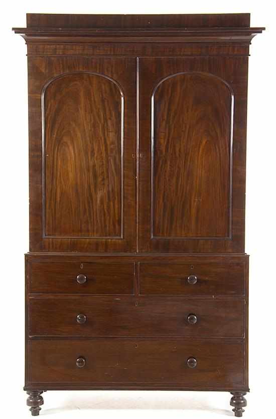 Appraisal: Regency style mahogany linen press mid th century molded crown