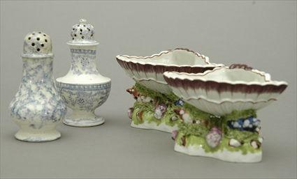 Appraisal: Pair of French Porcelain Shell-Form Salts Modern Together with two