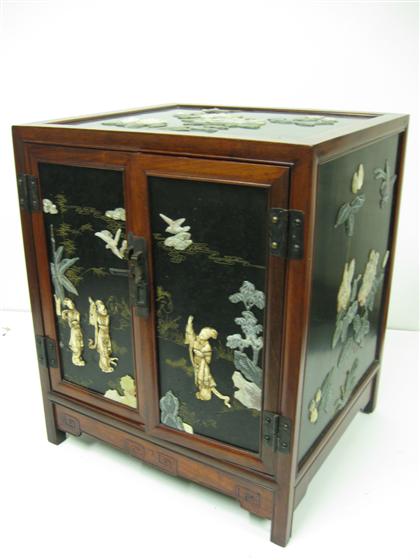 Appraisal: Chinese hardwood and mineral applied cabinet Of square form hardwood