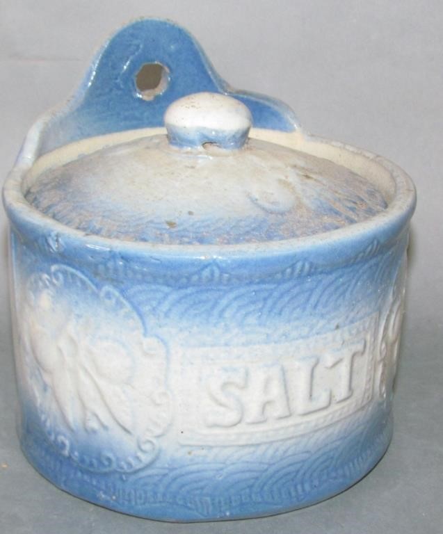 Appraisal: SALT GLAZED STONEWARE LIDDED SALT CROCKcherry motif shallow chip on