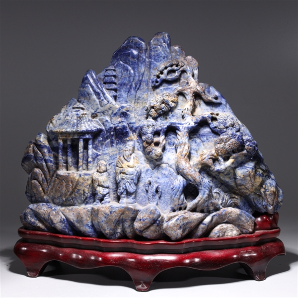 Appraisal: Large Chinese sodalite carved mountain with figures flowering trees and