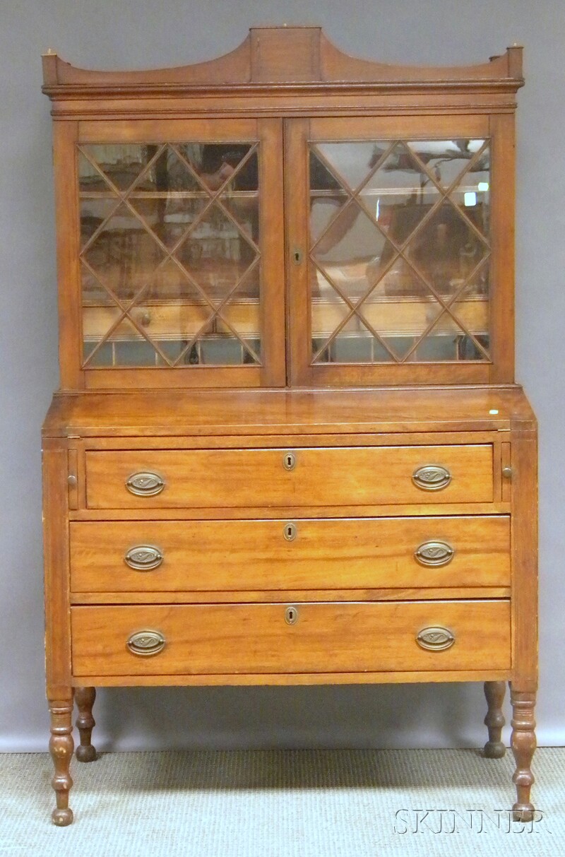 Appraisal: Federal Glazed Inlaid Birch Writing Desk Bookcase ht wd dp