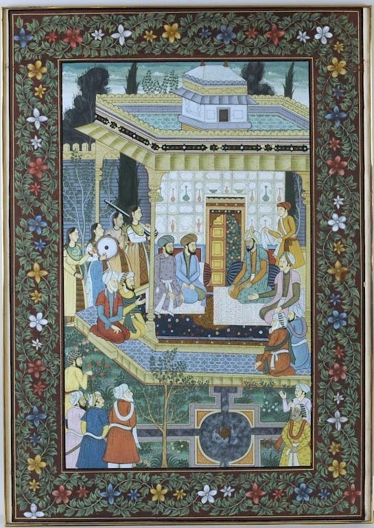 Appraisal: Indian Mughal Painting Royal Figures In Courtyard Indian Mughal painting