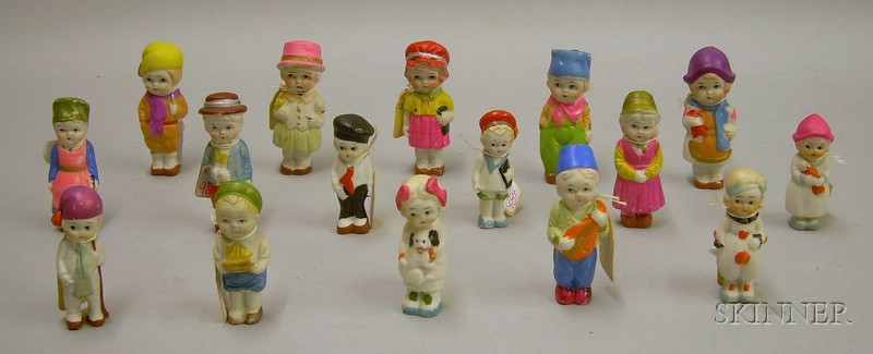 Appraisal: Sixteen Polychrome Bisque Figures of Children Japan s in colorful