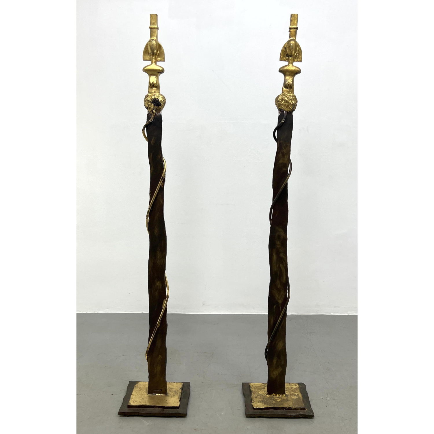 Appraisal: Pair Iron Brutalist Floor lamps Gold Gilt Highlights Dimensions H