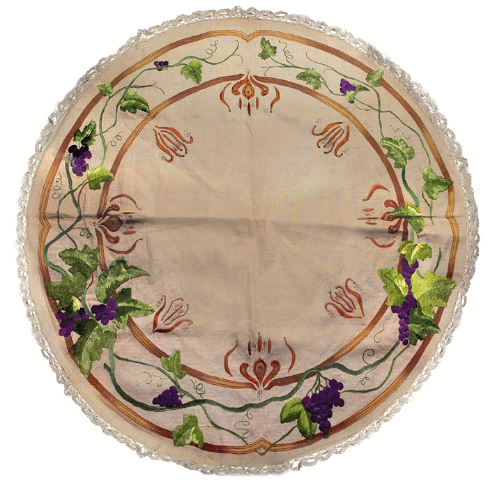 Appraisal: Arts Crafts tablecloth round with dyed and embroidered grapevine and