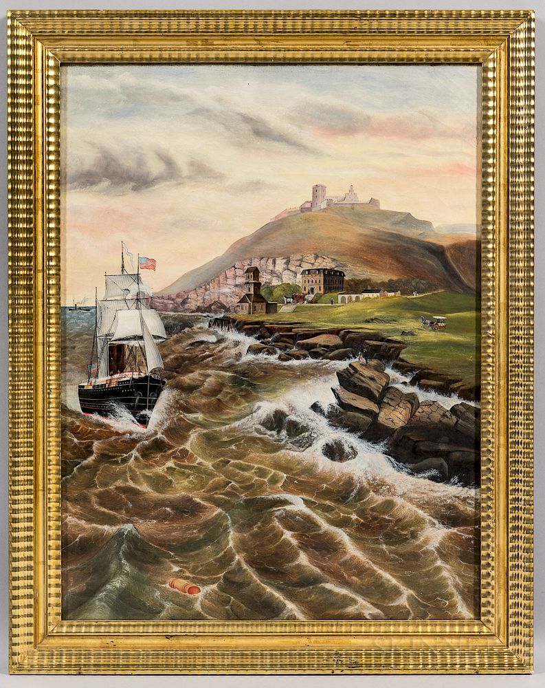 Appraisal: American School Late th Early th Century Oceanscape with Lighthouse