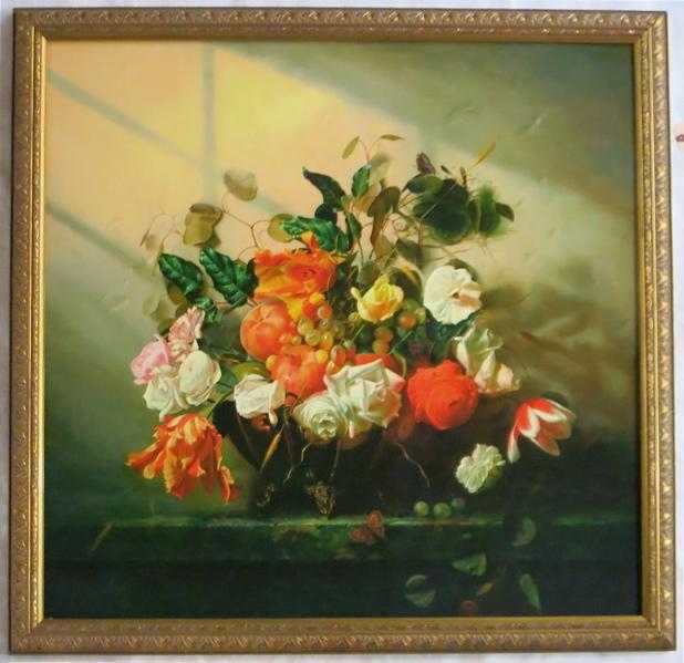 Appraisal: FLORAL STILL-LIFE WITH FRUIT GICLEE ON CANVAS image measures x