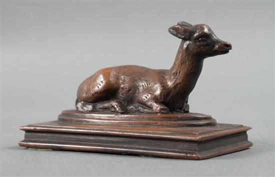 Appraisal: Antoine Louis Barye French - Recumbent Fawn bronze brown patina