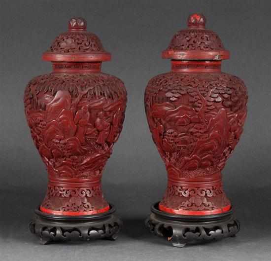 Appraisal: Pair of Chinese carved red cinnabar baluster vases late th