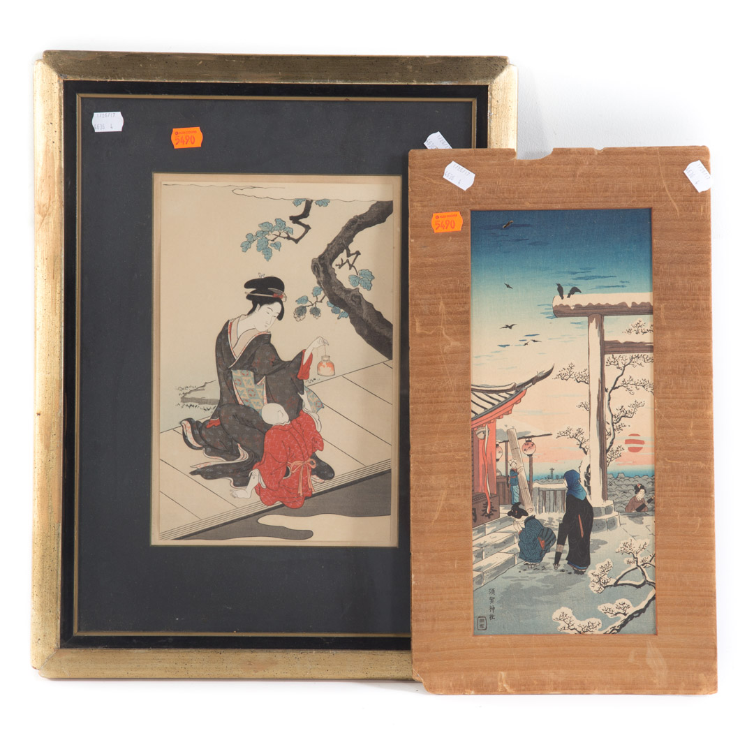 Appraisal: Two Japanese woodblock prints th century one framed unframed woodblock