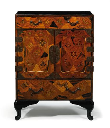 Appraisal: Japanese marquetry table cabinet meiji period - Comprising a two