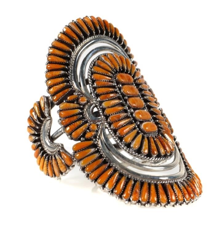 Appraisal: Large sterling silver and orange spiny oyster cuff bracelet Marked