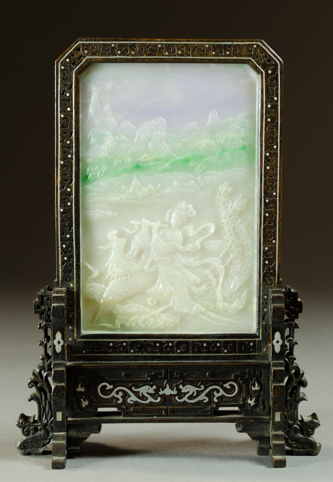 Appraisal: FINE JADE CARVED AND INLAID HARDWOOD MINIATURE TABLE SCREEN Chinese