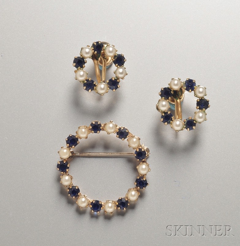 Appraisal: Macefield Gold-filled Sapphire and Pearl Wreath Pin and Matching Earrings